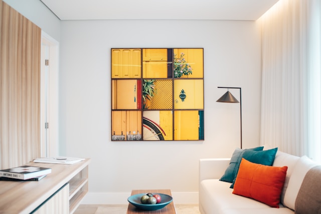 Modern sitting room with colorful wall art