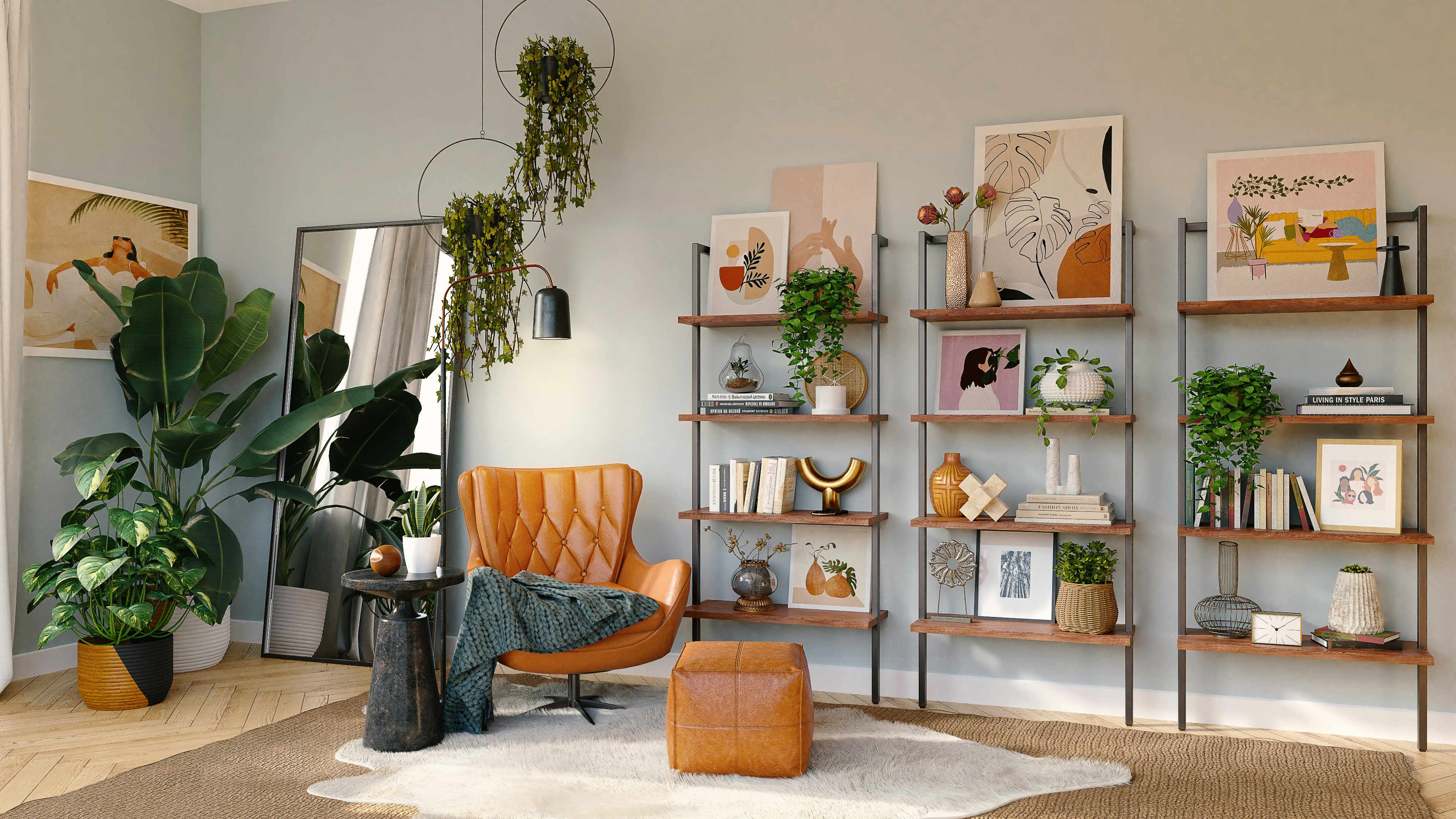 Eclectic interior with plants, artwork, and a leather chair